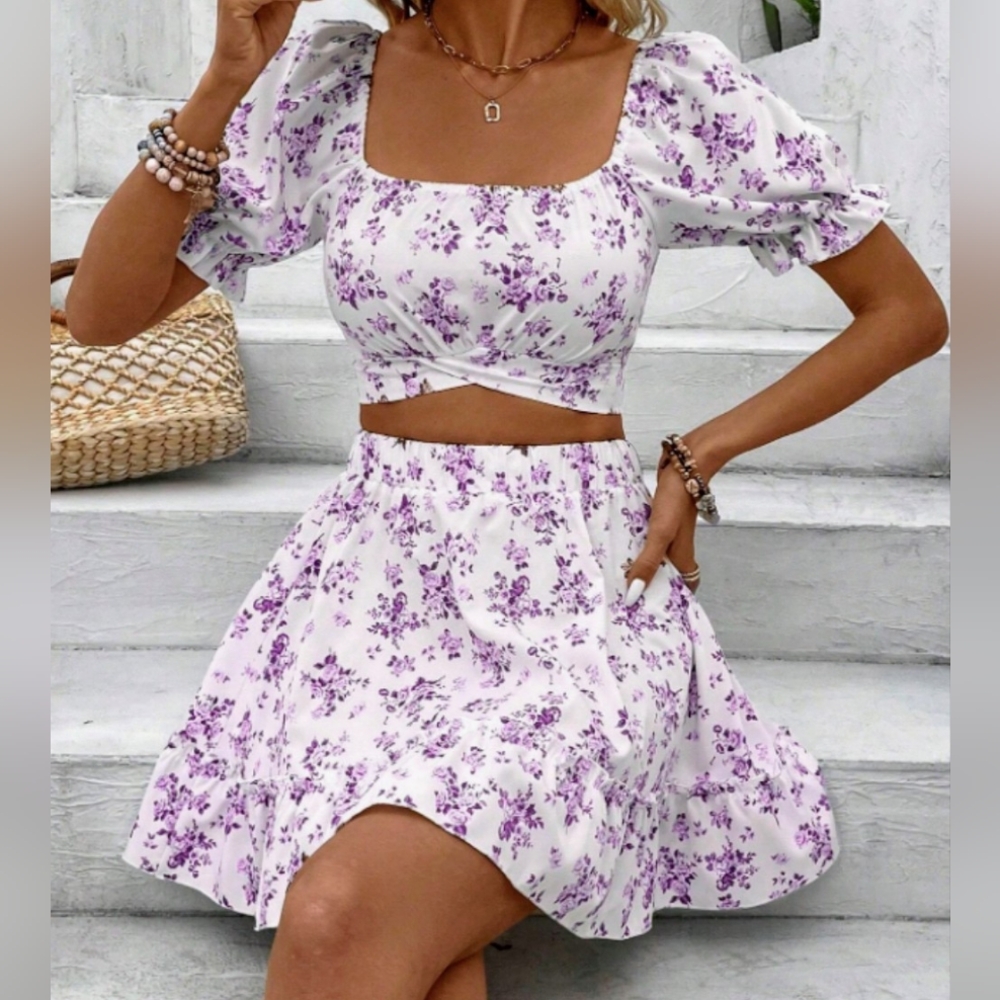 SHEIN White and Purple Floral Two-piece Mini Skirt & Top
